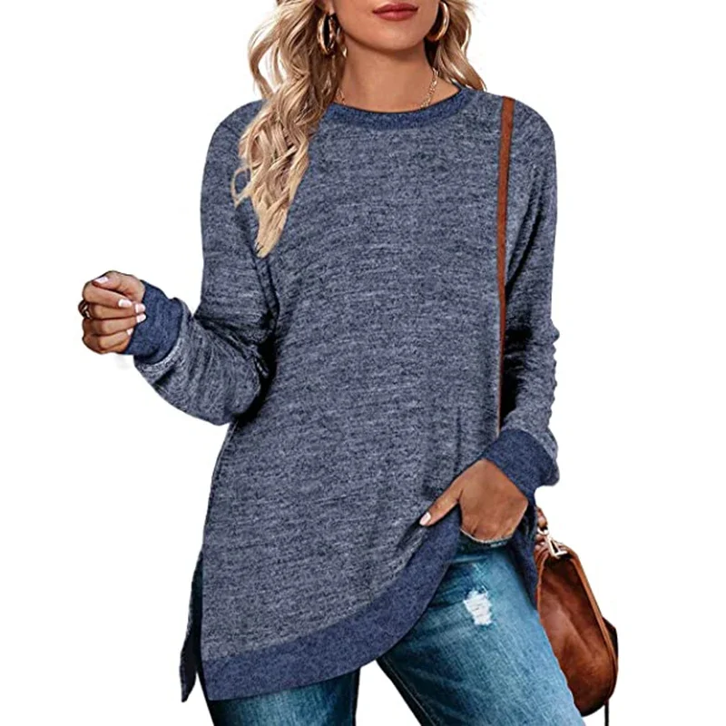 Top Trends: Women Long Sleeve Solid Soft Round Neck Split Hem Tops For Lady Shoppable Styles