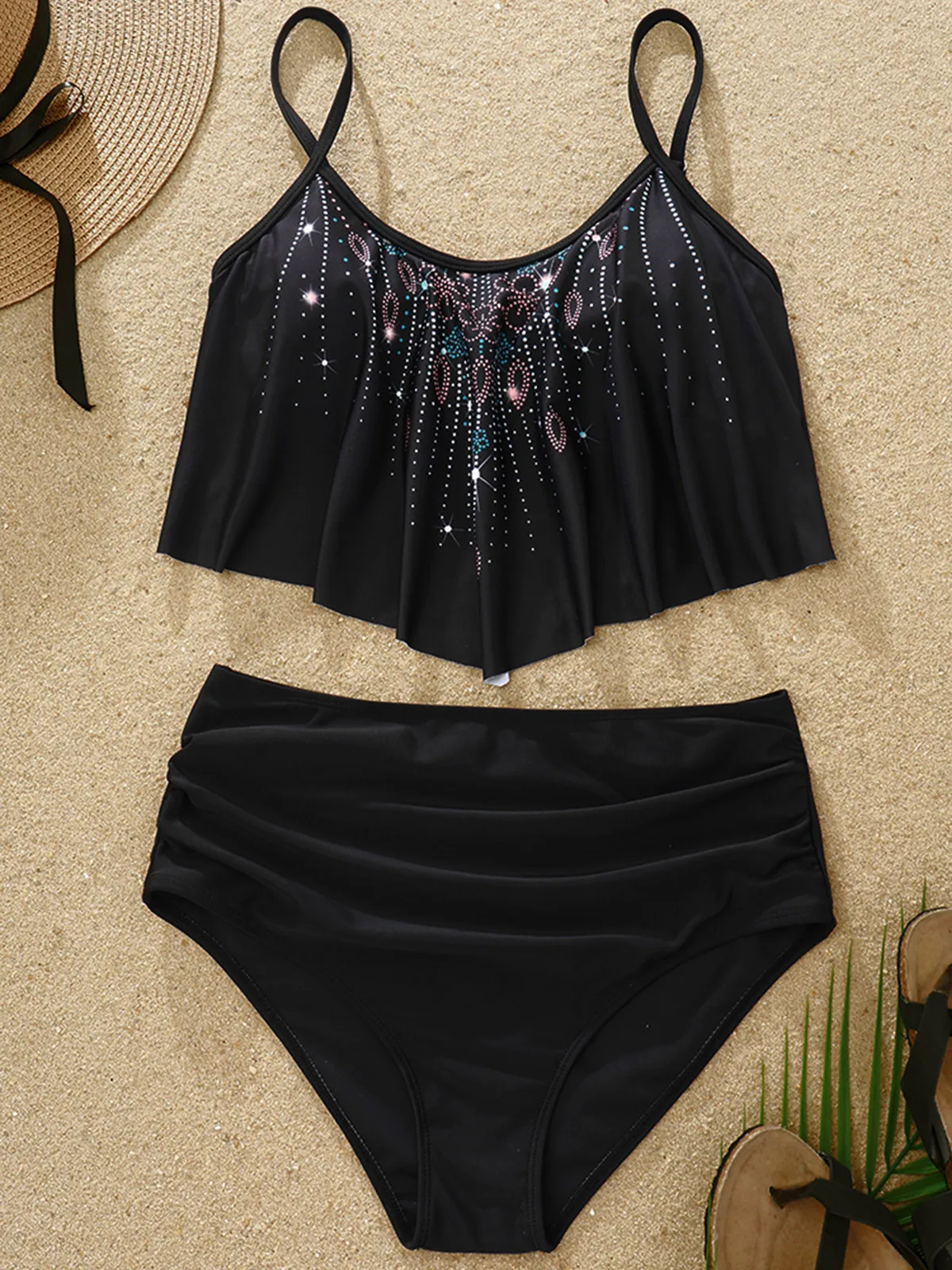 Top Trends: Glitter Ruffled Ethnic Tankini Set Black Swimsuit Bikini Sets Women Swimming High Waist Simple Korean Style Beachwear Shoppable Styles - Image 3