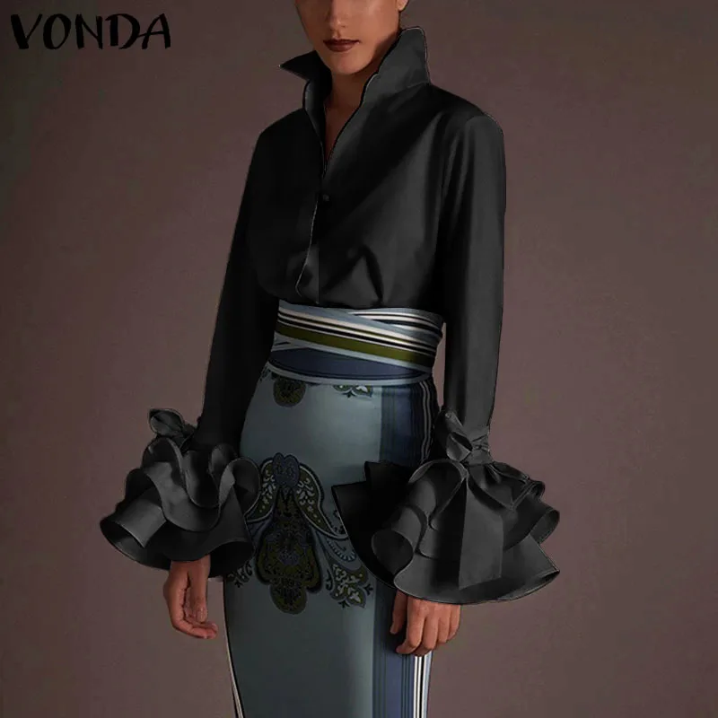 Top Trends: VONDA Lady Lapel Neck Button Women Shirts 2023 Casual Solid Color Top Puff Sleeve Blouse Shirt Autumn Long Sleeve Elegant Office Shoppable Styles