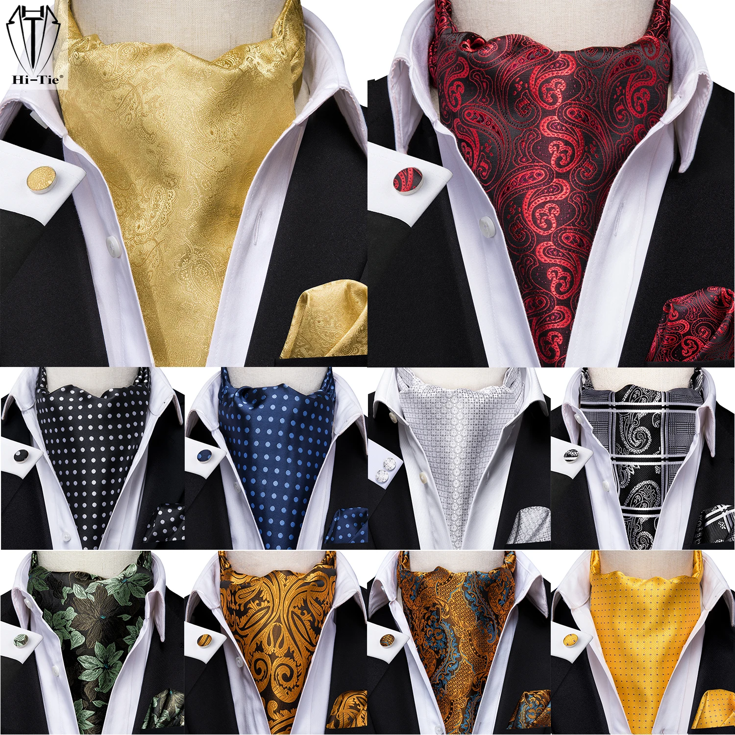 Top Trends: Hi-Tie Silk Mens Ascot Hanky Cufflinks Set Black Yellow White Paisley Cravat Tie Vest Dress Ascots Self Vintage Jacquard Woven Shoppable Styles