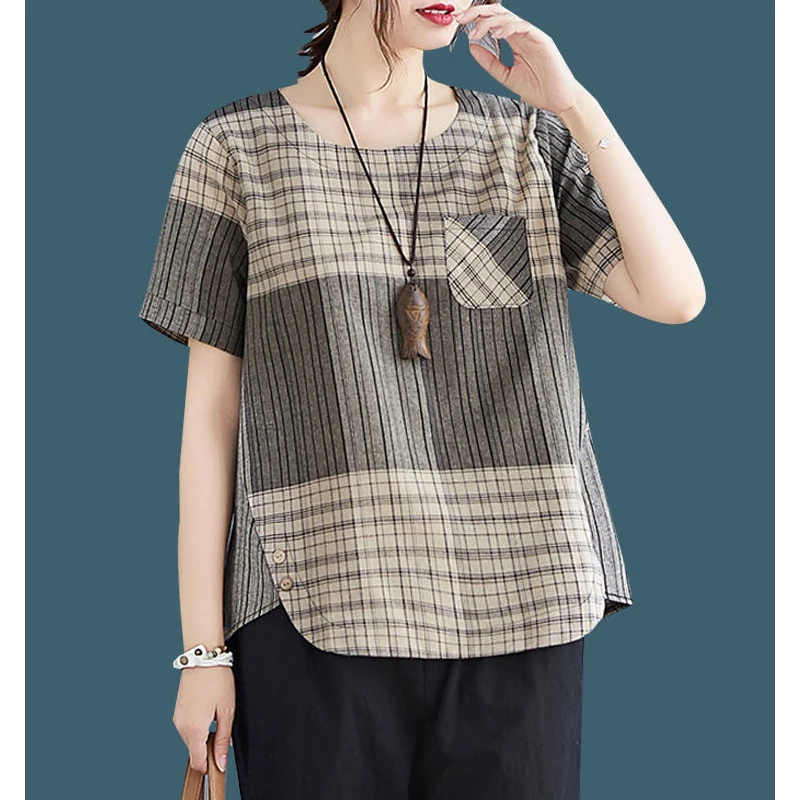 Top Trends: Women's Vintage Plaid Print Cotton Linen Blouse Summer Casual O Neck Short Sleeve Shirt Loose Irregular Tops Female Blusas Ropa Shoppable Styles - Image 2