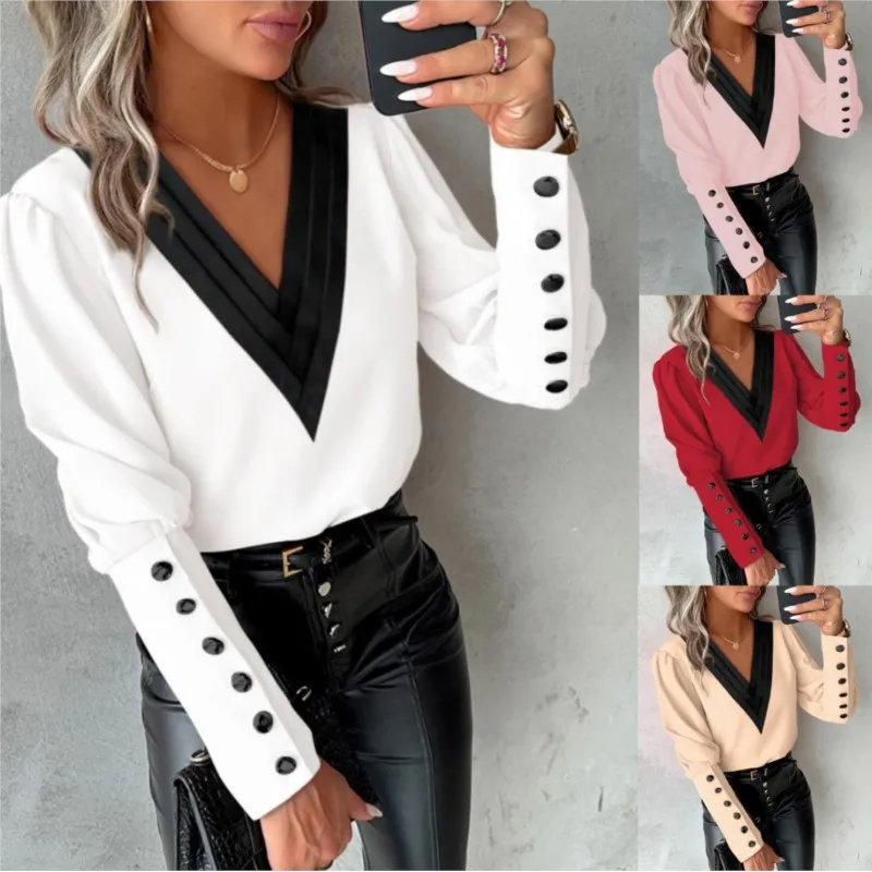 Top Trends: 2023 New Spring And Autumn Fashion V-neck Solid Color Long Sleeved Button Women's Shirt Shirt Spring / Summer Women's Casual Retro Shoppable Styles