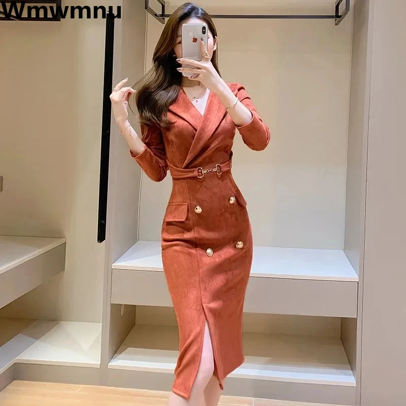 Top Trends: Office Lady Sexy Slim Blazer Dress Women Spring Korean Notched Collar Split Evening Party Dresses Elegant Midi Vestido De Fiest Shoppable Styles