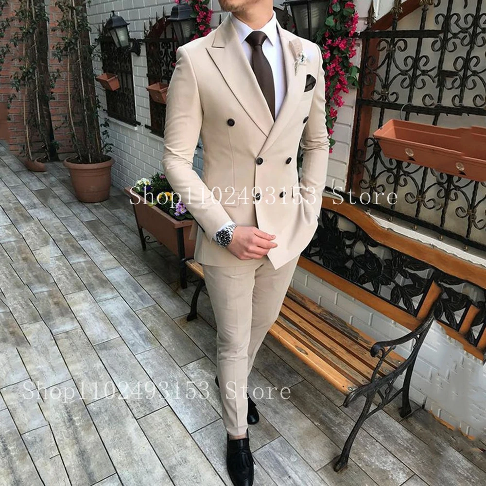 Top Trends: Bespoke Elegant Suits For Men 2 Pieces Beige Peak Lapel Double Breasted Slim Fit Classic Formal Wedding Dress Trajes De Hombre Shoppable Styles