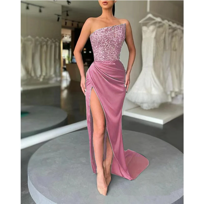 Top Trends: Sexy Fashion Off Shoulder High Waist Slit Evening Cocktail Graduation FloorLength Dress Sequins Women Sequins Corset Party Dress Shoppable Styles