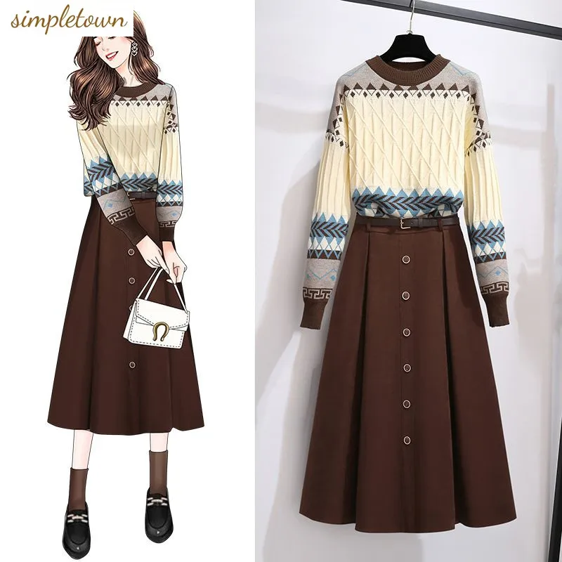 Top Trends: Large Women's Autumn And Winter Set 2023 New Age Reducing Knitted Sweater Fashion Half Skirt Two Piece Set Fashion Shoppable Styles