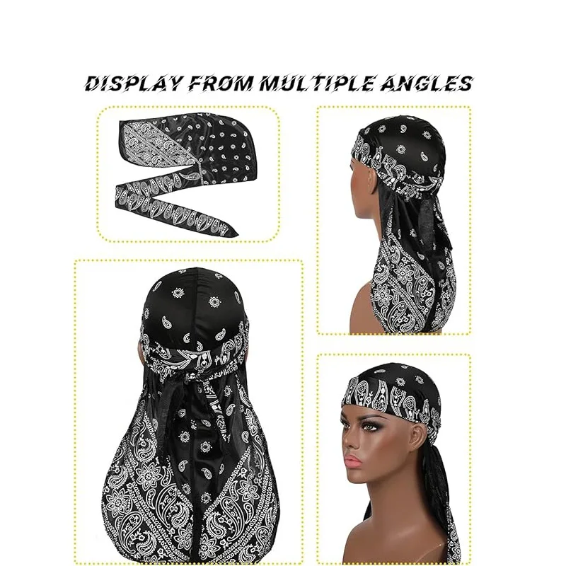 Top Trends: New Men Satin Paisley Printed Durag Turban Bandanas Headwear Silky DuRag Doo Rag Long Tail Pirate Hat Wave Caps Hair Accessories Shoppable Styles - Image 3