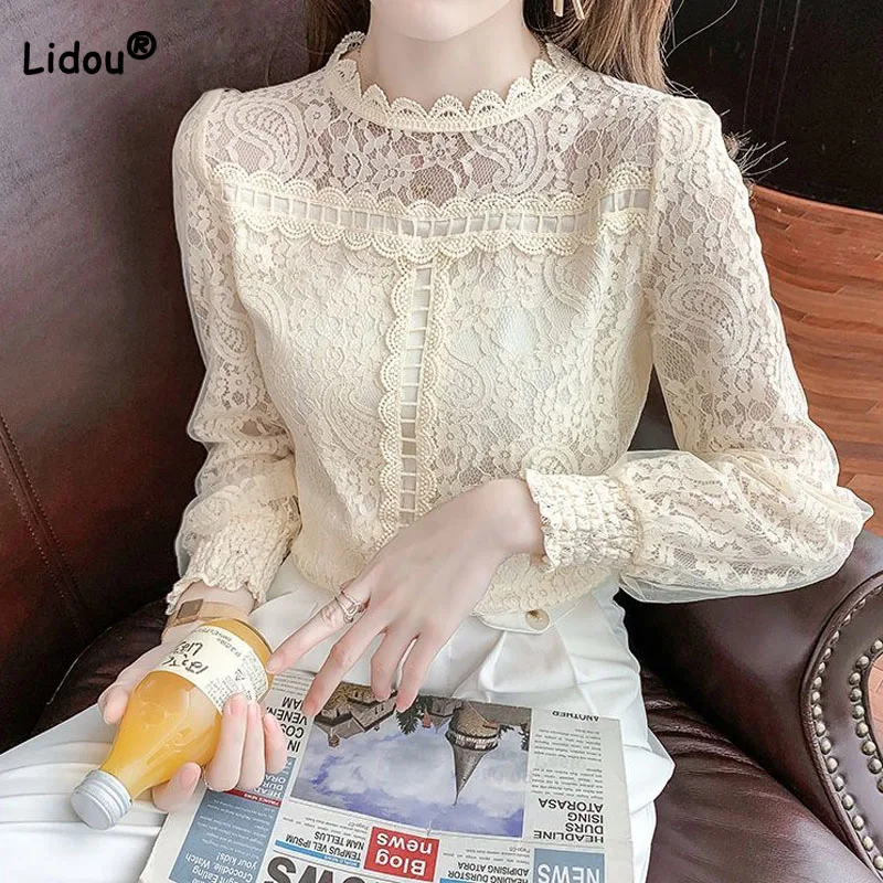 Top Trends: Autumn Fashion All-match Solid Color Lace Shirt Women&#039;s Clothing Korean Elegant Hollow Out Spliced Long Sleeve Blouse For Female Shoppable Styles