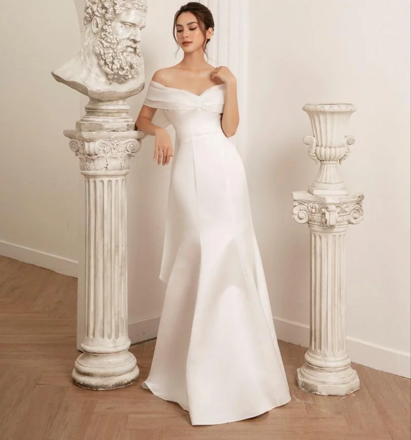 Top Trends: 2022 Off-Shoulder Bride Dresses Mermaid Short Sleeves Wedding Gowns With Bow Satin Korea Photography Simple Corset Bridal Gown Shoppable Styles