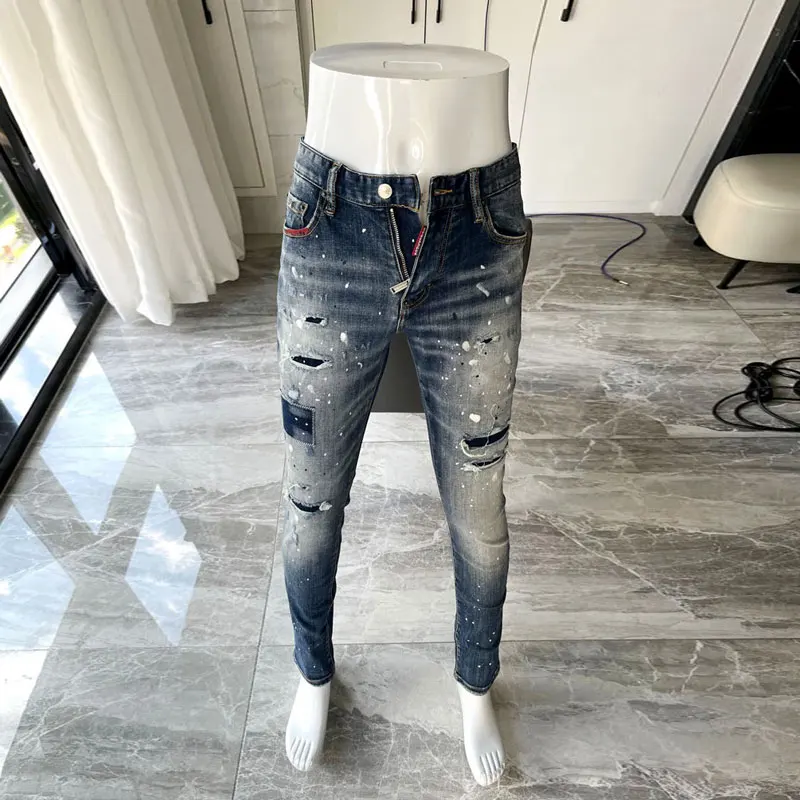 Top Trends: Street Fashion Men Jeans Retro Blue Elastic Slim Fit Painted Hole Ripped Jeans Men Patched Designer Hip Hop Brand Pants Hombre Shoppable Styles