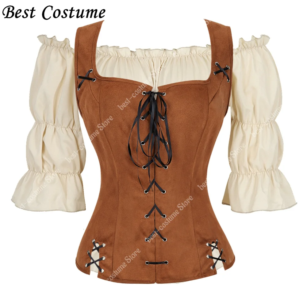 Top Trends: Pirate Costume Women Medieval Vest Cosplay Plus Size Medieval Blouse Tops 2 Pieces Sets Renaissance Vest Brown Black Blue Shoppable Styles - Image 2