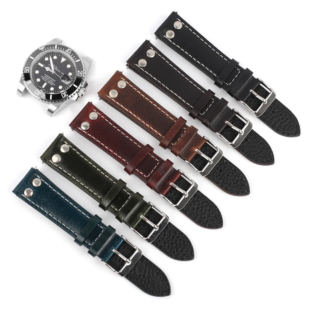 Top Trends: Retro Rivets Genuine Leather Watch Band 18mm 19mm 20mm 22mm Men Wristband Replacement Quick Release Oil Wax Leather Watch Strap Shoppable Styles