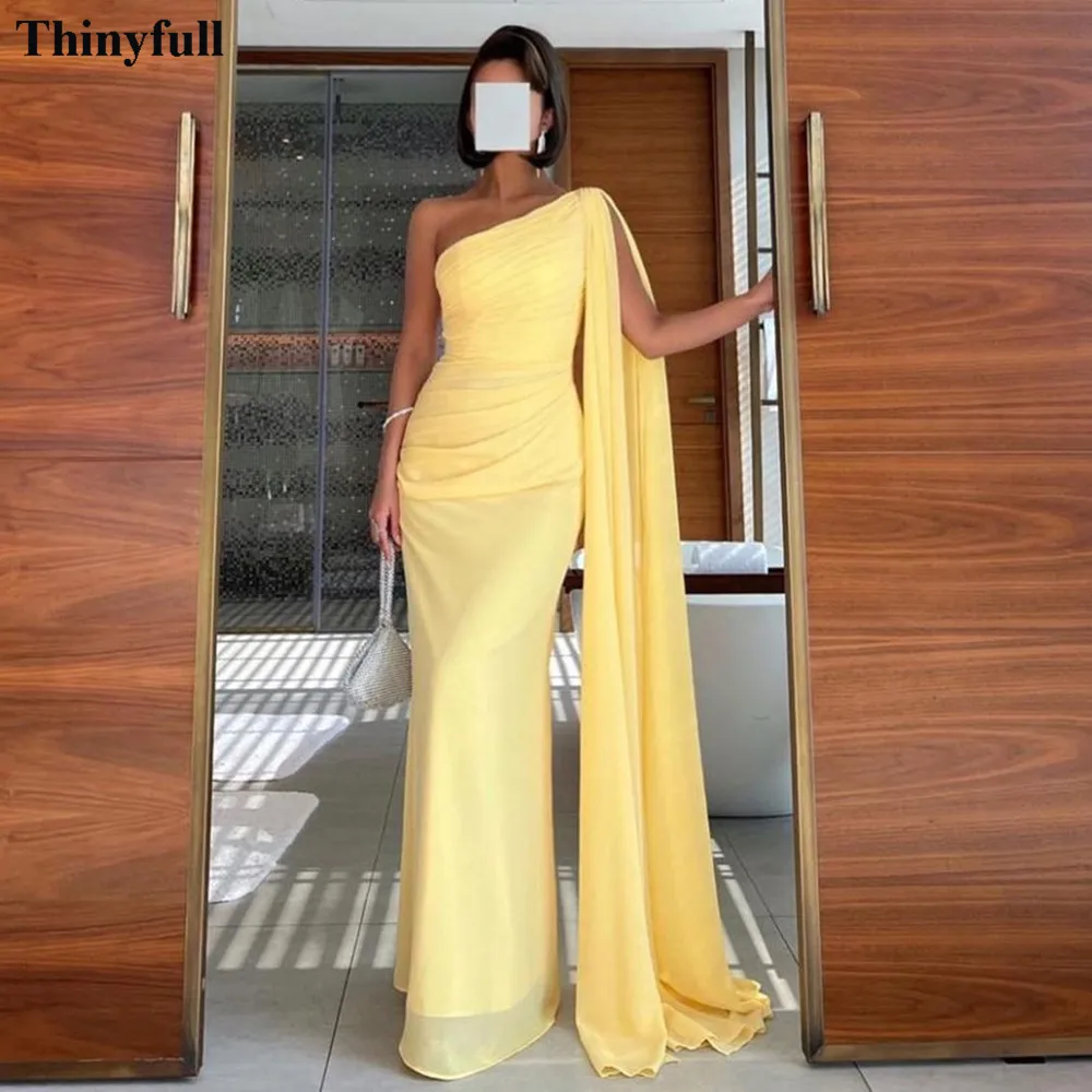 Top Trends: Thinyfull Mermaid Yellow Chiffon Prom Dresses One Shoulder Specail Party Women Prom Gowns Long Arabic Formal Evening Dress Shoppable Styles