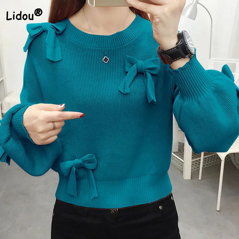 Top Trends: Autumn Winter Fashion Bow Spliced Solid Color Sweaters 2023 Casual Simplicity Long Sleeve Knitted Pullovers Women&#039;s Clothing Shoppable Styles