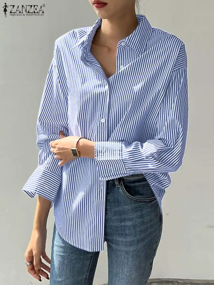 Top Trends: ZANZEA Office Striped Loose Blouse 2023 Turn-down Collar Top Oversized Women Long Sleeve Shirt Vintage Button-up Blusa Femininas Shoppable Styles