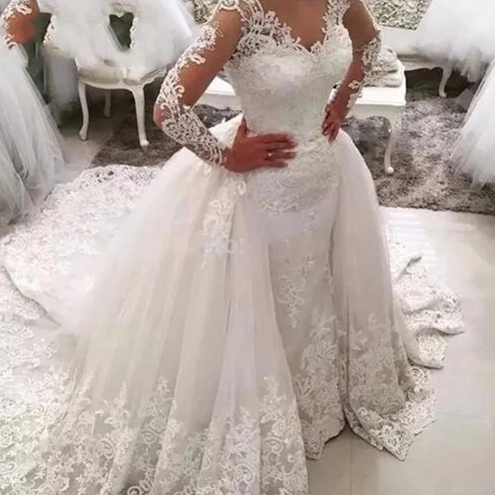 Top Trends: Vestido De Noiva Lace Mermaid Wedding Dress With Detachable Skirt Backless Long Sleeve Bridal Wedding Gowns Sexuality Plus Size Shoppable Styles