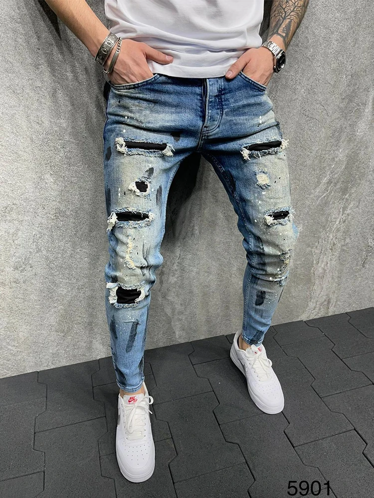 Top Trends: Blue Skinny Jeans For Men ​Painted Stretch Slim Fit Ripped Distressed Pleated Knee Patch Denim Pants Brand Casual Trouser Male Shoppable Styles