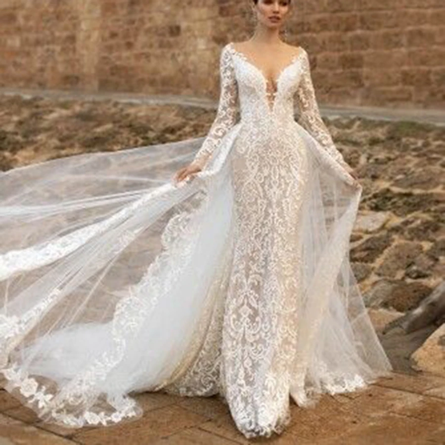 Top Trends: Exquisite Lace Long Sleeve Wedding Dress For Women Sheath Illusion V-Neck Bridal Floor Length Backless Dresses Court Train 2023 Shoppable Styles - Image 4