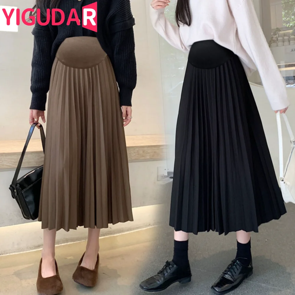 Top Trends: Spring Autumn Maternity Pleated Skirts High Waist Ankle-length Pregnant Woman Clothing Belly Skirt Elegant Pregnancy Maxi Skirt Shoppable Styles