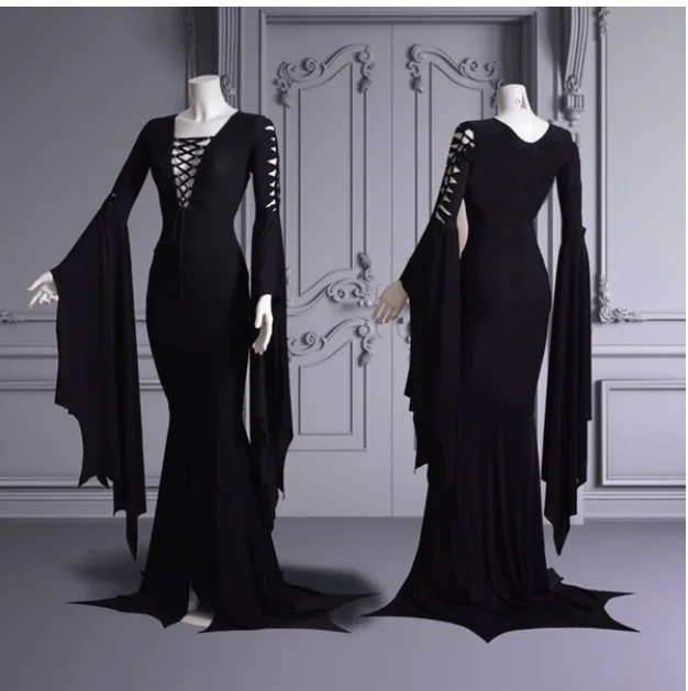 Top Trends: Medieval Vampire Black Lace Up Gown Robe For Women S-5XL Sexy Witch Ghost Halloween Costume Morticia Addam Gothic Maxi Dress Shoppable Styles