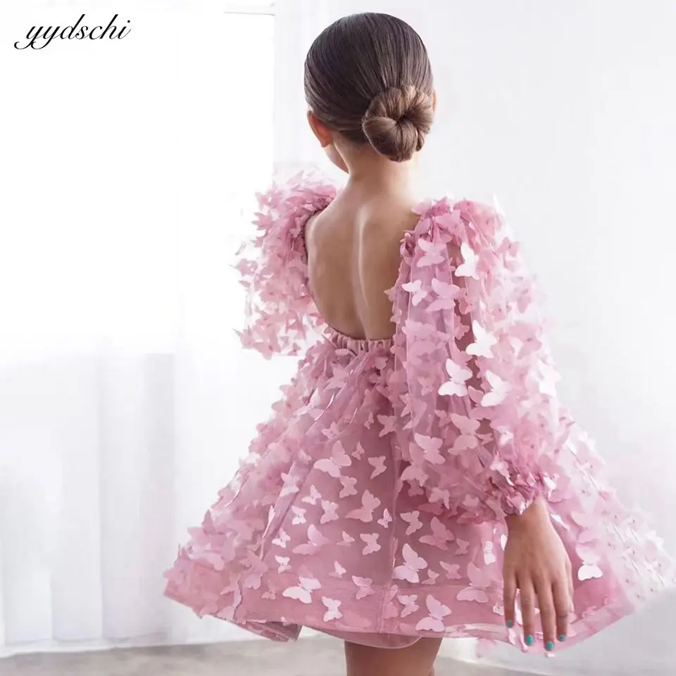 Top Trends: Lovely Pink Puffy Sleeves Flower Girl Dress For Wedding 2023 3D Butterfly Appliques Backless Birthday Party First Communion Gown Shoppable Styles