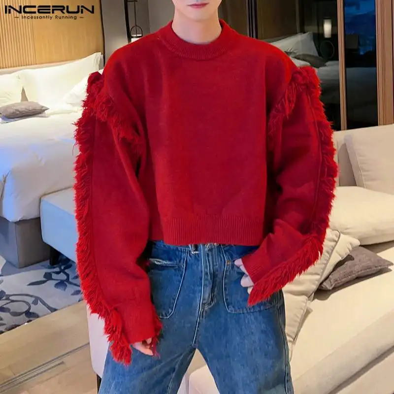 Top Trends: INCERUN Tops 2023 Korean Style New Men's Pullover Design Solid All-match Sweatshirts Tassels Trimmed Long Sleeved Sweaters S-5XL Shoppable Styles