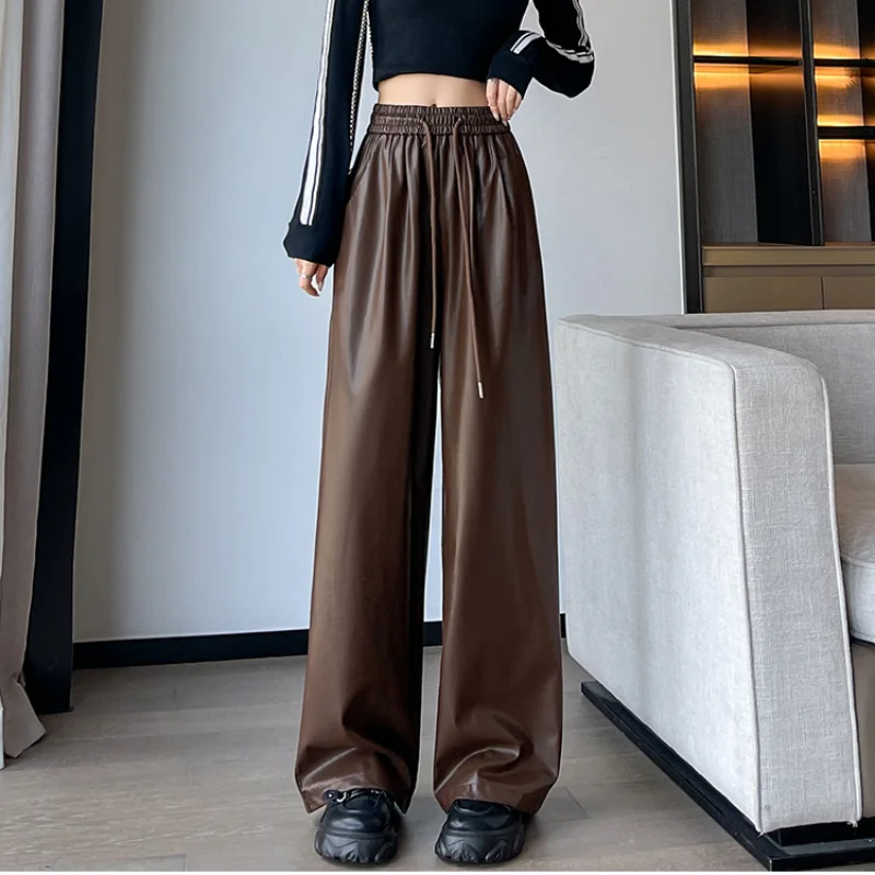 Top Trends: Streetwear Fashion Oversized Women PU Pants Spring Autumn New All-match Vintage Solid Casual High Waist Pocket Wide Leg Trousers Shoppable Styles