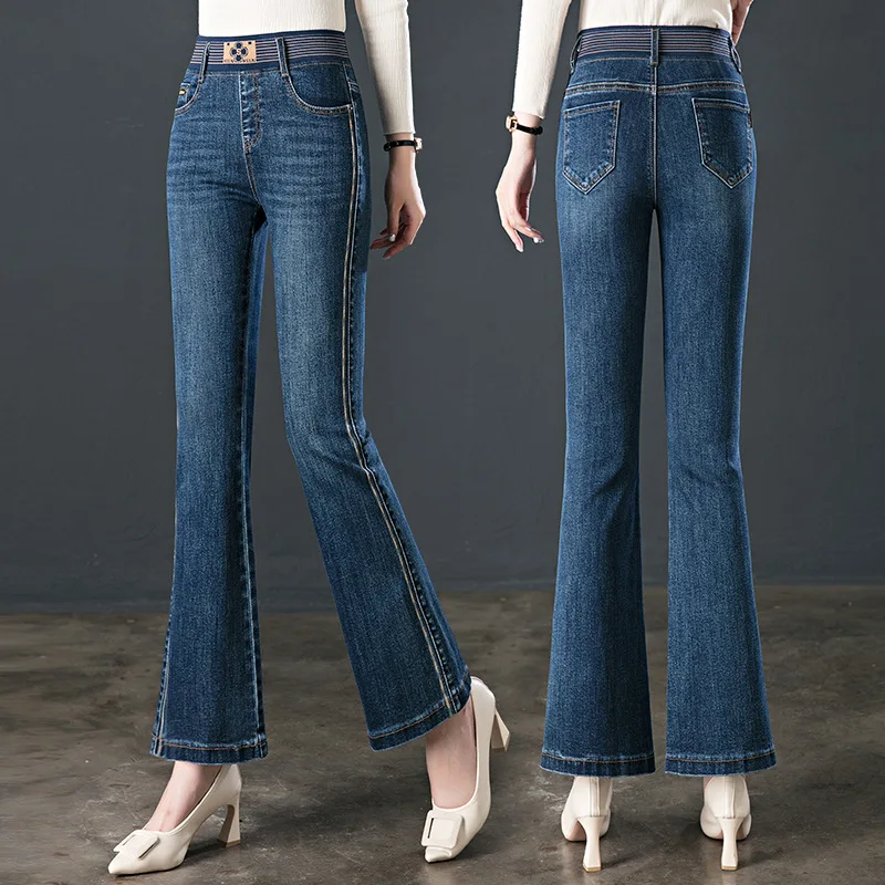 Top Trends: Women&#039;s Blue Denim Flared Pants, Wide-leg Pants, Elastic Waist, High Elastic, Long, Baggy Jeans, Print, New Shoppable Styles