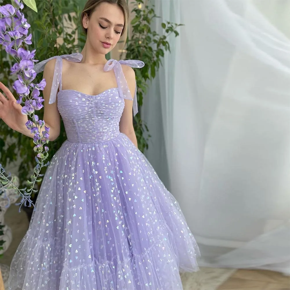 Top Trends: Sevintage Lavender Hearty Tulle Prom Dresses Sweetheart Spaghetti Straps A-Line Wedding Party Dresses Tea-Length Evening Gown Shoppable Styles