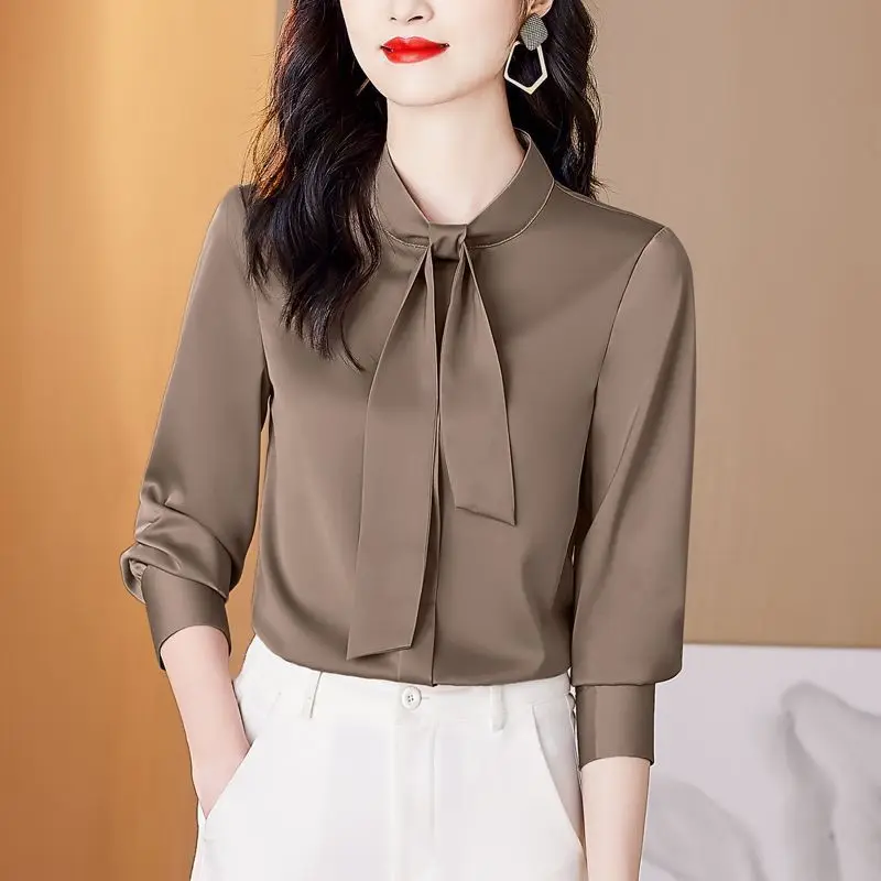 Top Trends: Elegant Solid Color All-match Lace Up Satin Blouse Women's Clothing 2023 Spring New Casual Pullovers Loose Office Lady Shirt Shoppable Styles