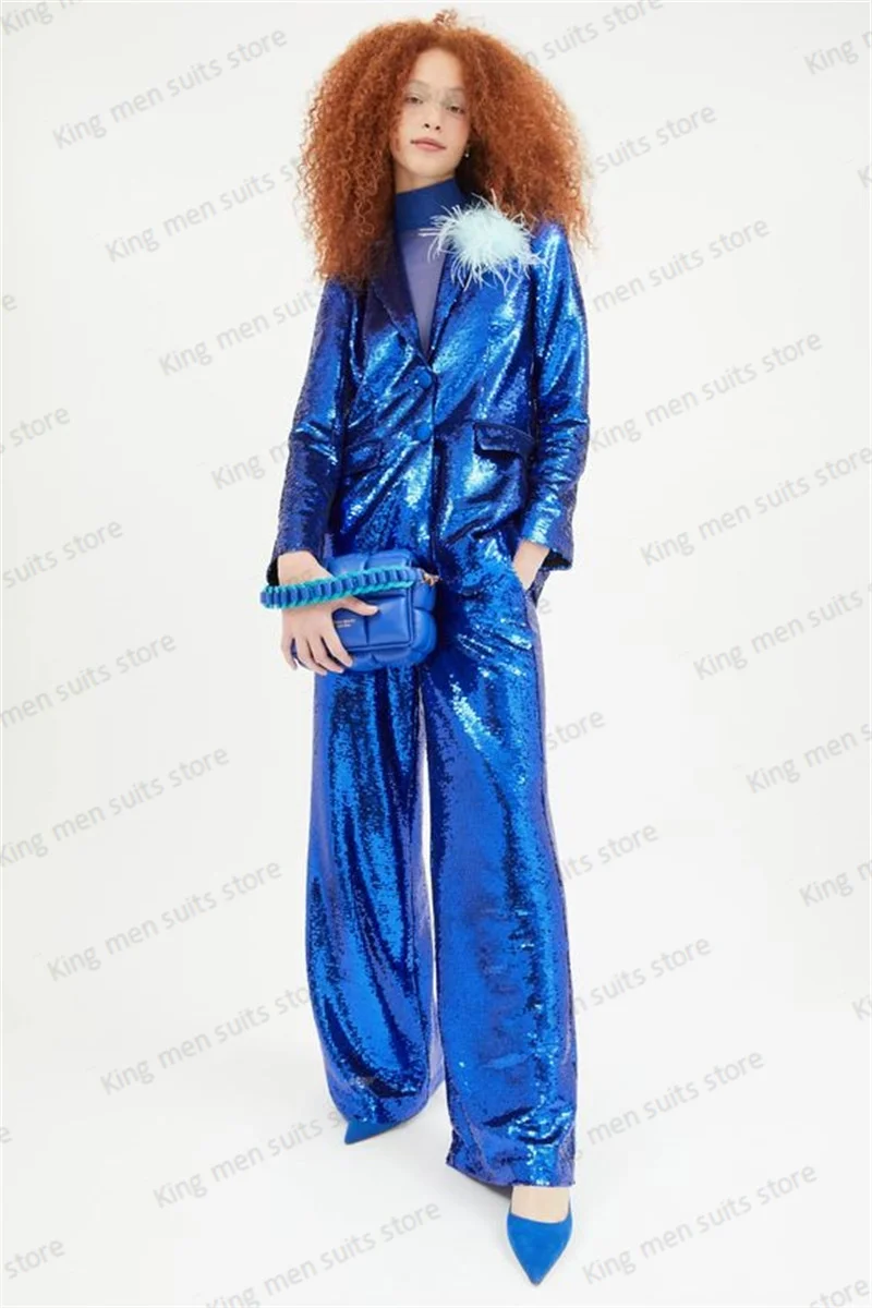 Top Trends: Royal Blue Sequins Women Pants Suit With Feather Jacket+ Trousers Custom Made 2 Pieces Blazer Set Casual Lady Prom Dress Coat Shoppable Styles