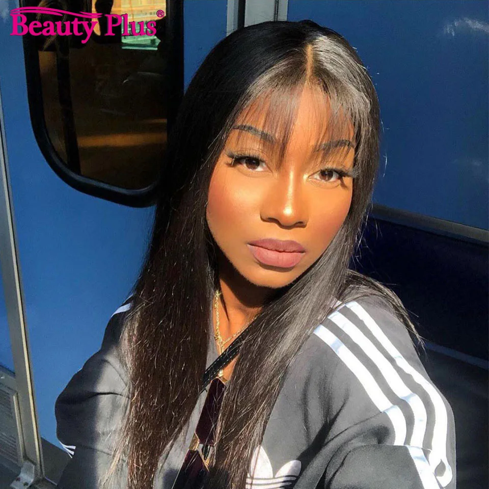 Top Trends: Natural Fake Scalp Wigs Remy Fringe Wig Hair Brazilian Straight Human Hair Wig With Bangs 180 200 Density Full Machine Made Wigs Shoppable Styles