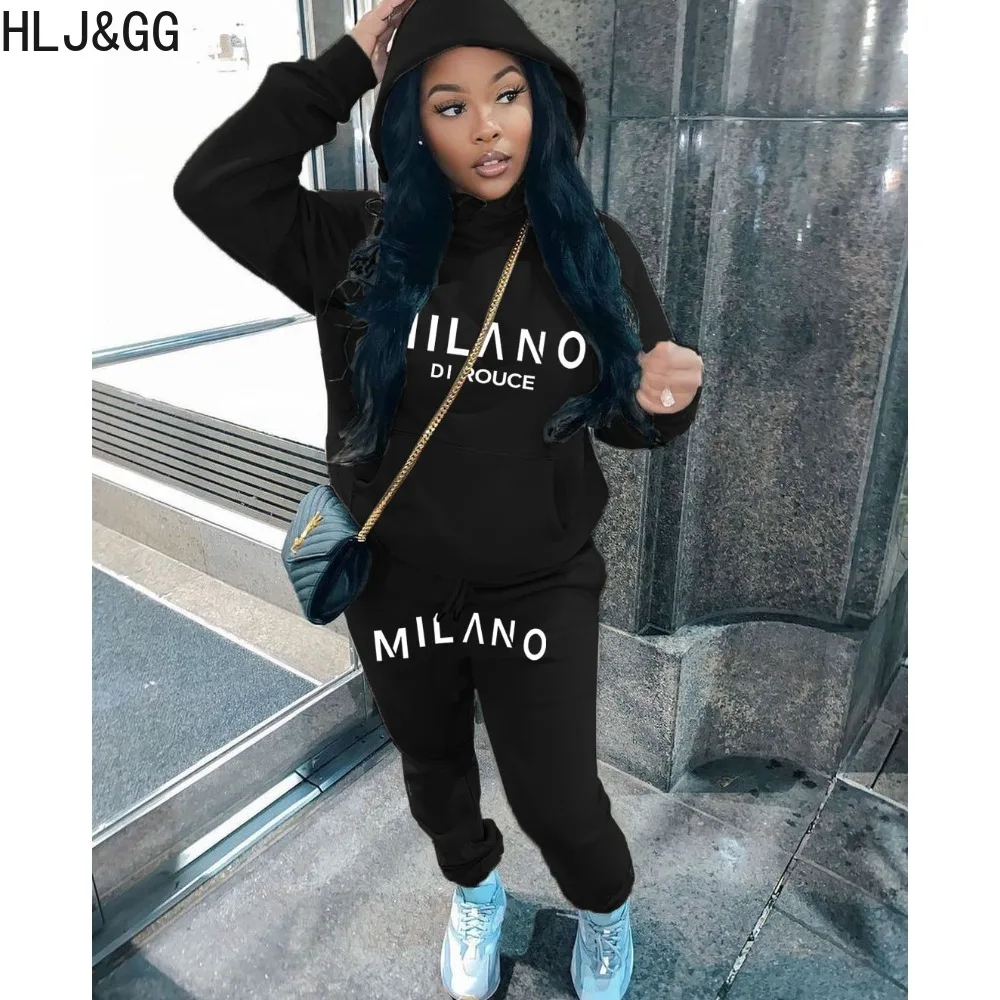 Top Trends: HLJ&amp;GG Autumn Winter Casual Letter Print Hooded Two Piece Sets Women Long Sleeve Sweatshirts And Jogger Pants Tracksuits Outfits Shoppable Styles