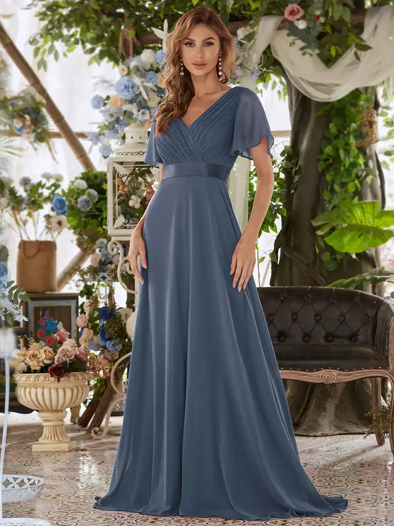 Top Trends: Luxury Evening Dresses Long A-LINE Short Sleeve V-neck Floor-Length 2024 Of Chiffon Exquisite Bridesmaid Women Dress Shoppable Styles