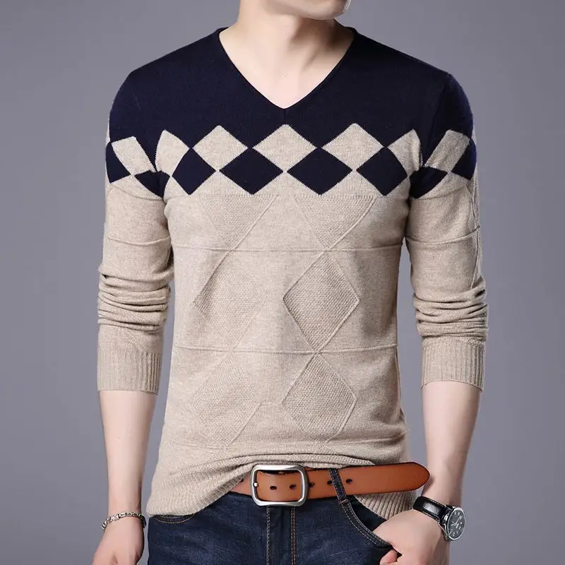 Top Trends: Autumn Winter New Men V-neck Pullover Sweaters Plaid Casual Korean Clothing Tees Fashion Slim Long Sleeve Bottoming Knitted Tops Shoppable Styles