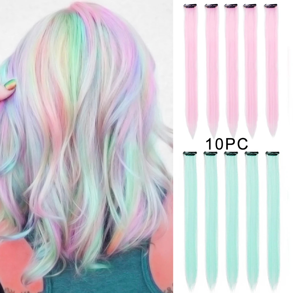 Top Trends: 10PCS / Pack Colorful Straight Hair Extensions Clip In Multi-Color Hairpiece Synthetic Long Party Highlights For Women Girls Kids Shoppable Styles