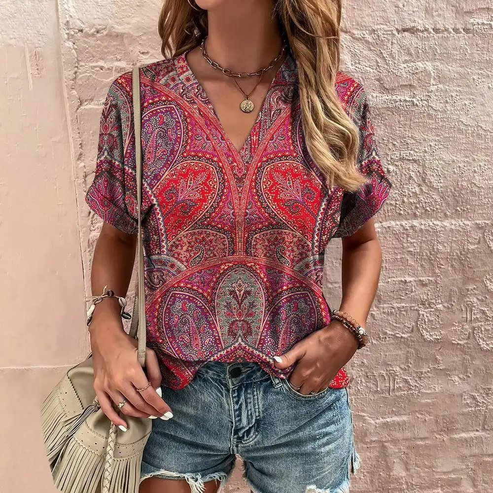 Top Trends: 3d Geometry Print T-Shirt Ethnic V-Neck Summer Short Sleeve Tshirt Ladies Clothing Female Tee Top Oversized Vintage Women Tshirt Shoppable Styles