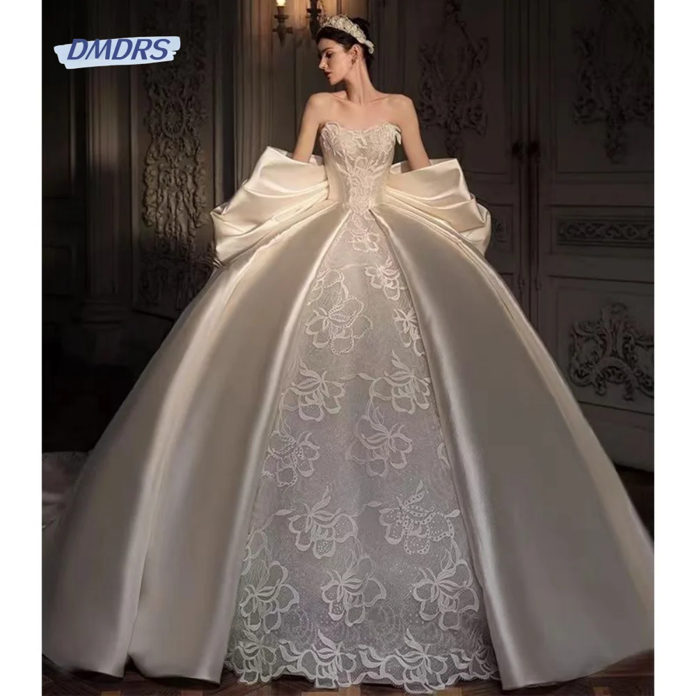 Top Trends: Luxurious Tube Top Wedding Dress French Mid-waist Tube Satin Bride Dresses Classical Lace Printed Bridal Gown Vestidos De Novia Shoppable Styles