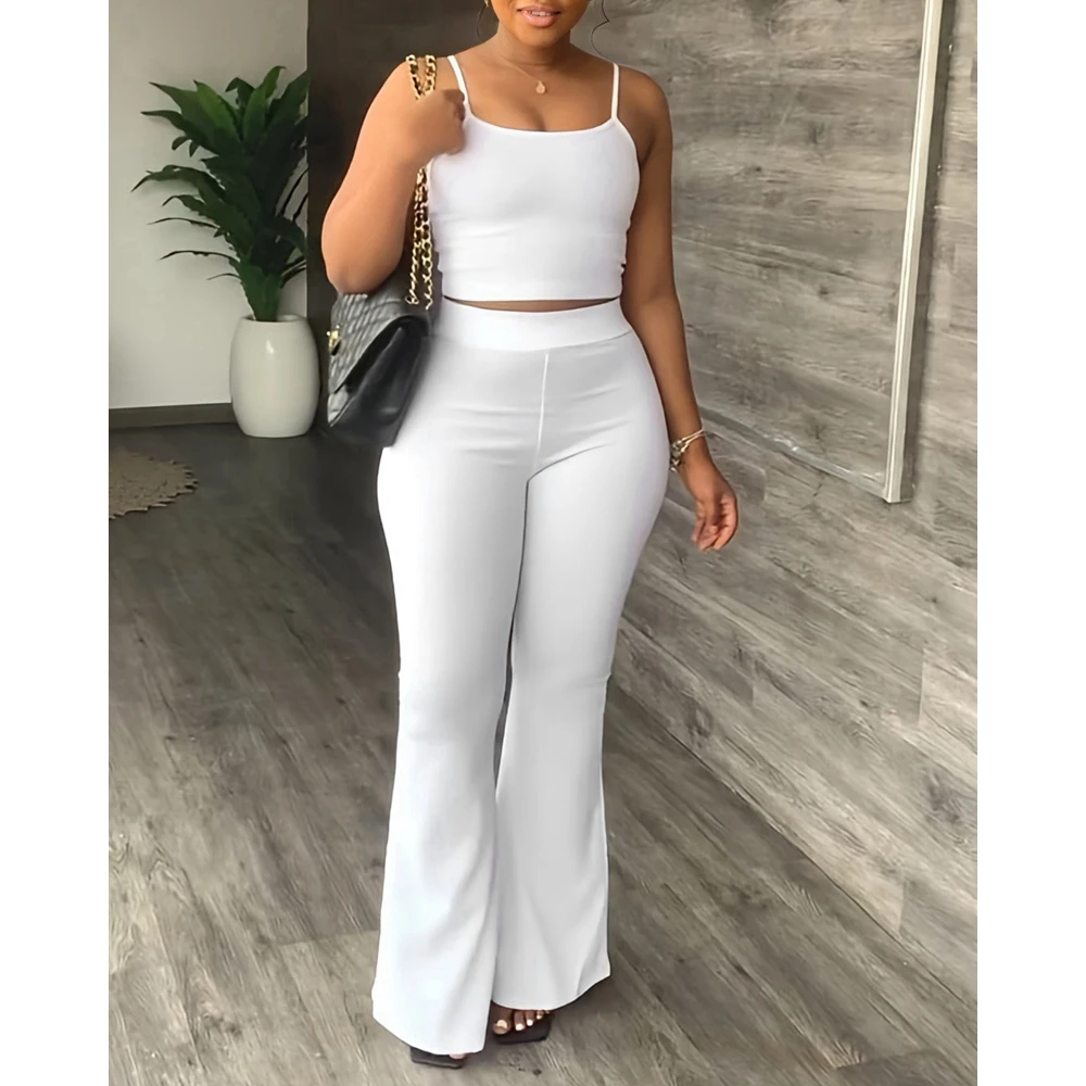 Top Trends: Women Spaghetti Strap Crop Top &amp; High Waist Flare Pants Set Casual Solid Two Piece Suit Sets Women Outfits Set Summer Outwear Shoppable Styles