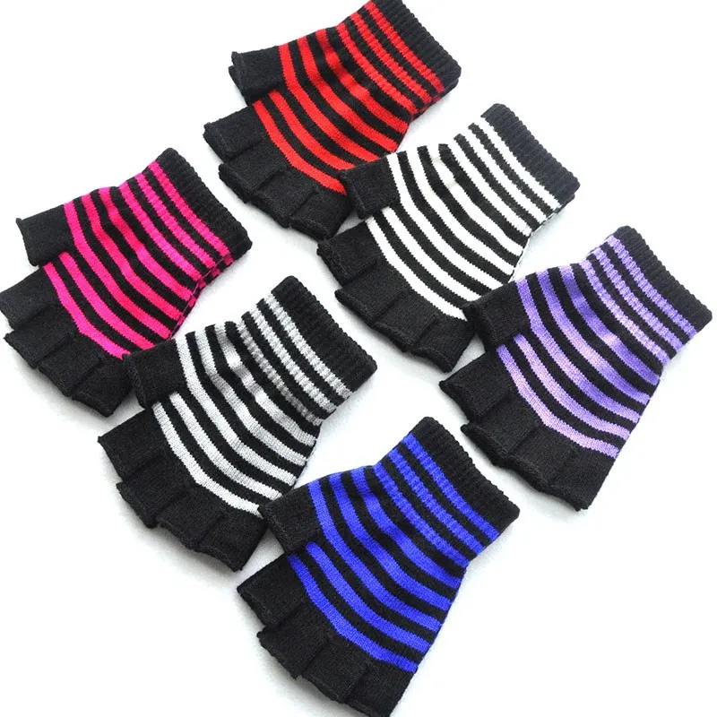 Top Trends: 1Pair Unisex Black Stripes Half Finger Fingerless Gloves For Women Wool Knit Wrist Cotton Gloves Winter Warm Men Workout Gloves Shoppable Styles