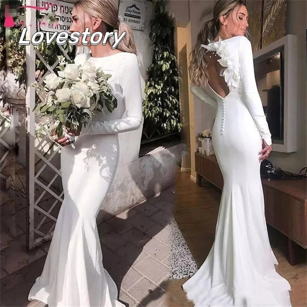 Top Trends: White Mermaid Beach Wedding Dresses Long Sleeve Bride Robe Sexy Open Back Floor Length Bridal Gown O Neck Satin Vestido De Noiva Shoppable Styles - Image 4