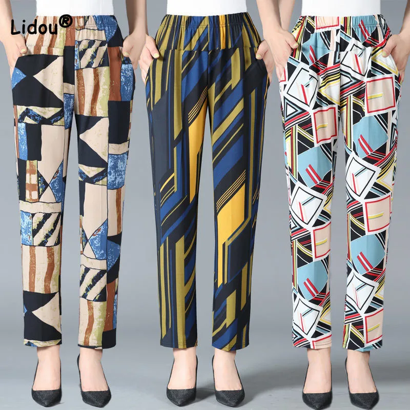 Top Trends: Summer Casual Straight Geometric Printing Pants Fashion Women's Clothing Vintage Loose Elastic High Waist Pockets Trousers Shoppable Styles