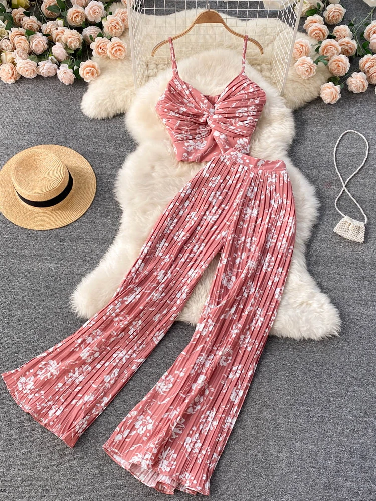 Top Trends: Women Summer Casual Pants Suit 2 Piece Set Female Floral Print Sleeveless Top & Wide Leg Pants Female Fashion Outfit Shoppable Styles