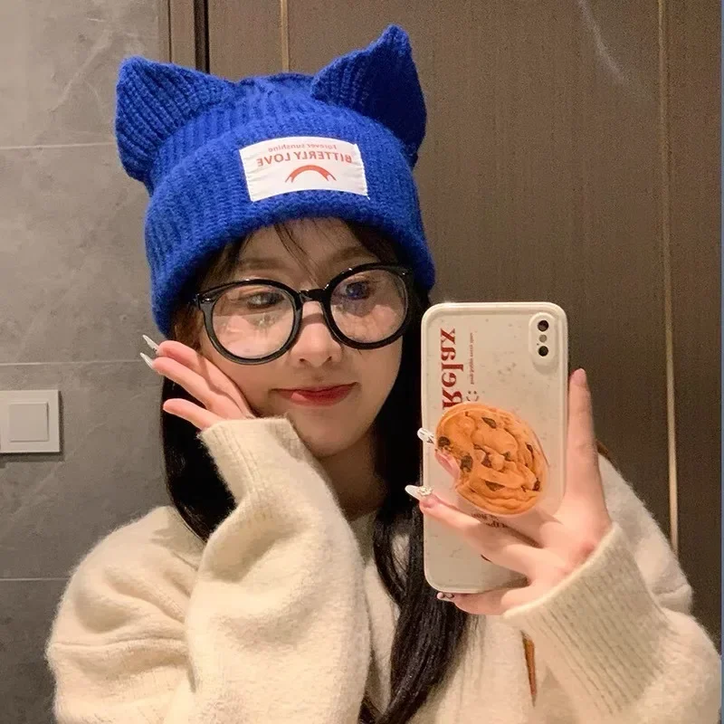 Top Trends: Cute Cat Ears Knitted Hats Kpop Lisa Stray Kids Double-layer Warm Wool Hooded Cap Bonnets For Women Men Streetwear Accessories Shoppable Styles - Image 3