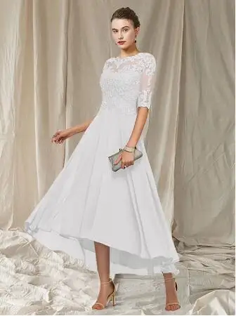 Top Trends: Elegant A-Line Mother Of The Bride Dress Jewel Neck Asymmetrical Ankle Length Chiffon Lace Half Sleeve With Pleats Appliques Shoppable Styles - Image 4