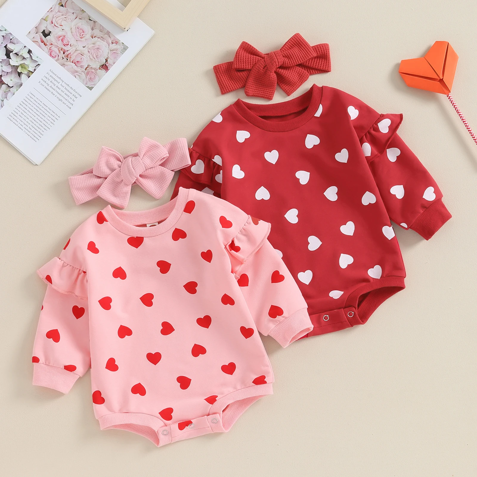 Top Trends: Baby Girl Valentine's Day Outfits Ruffle Bubble Long Sleeve Heart Print Sweatshirt Romper With Headband Set Baby Bodysuits Shoppable Styles