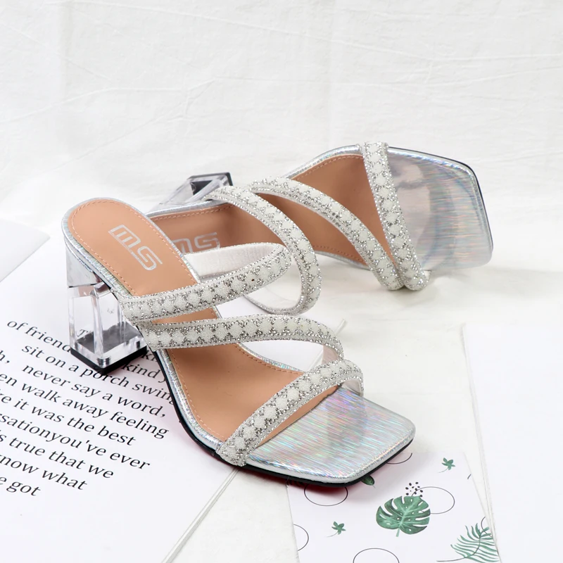 Top Trends: 2022 Summer Oumeifan Fashion Rhinestone Sandals Crystal Heel Straight Rhinestone Square Head Women's Slippers High Heels Shoppable Styles - Image 4