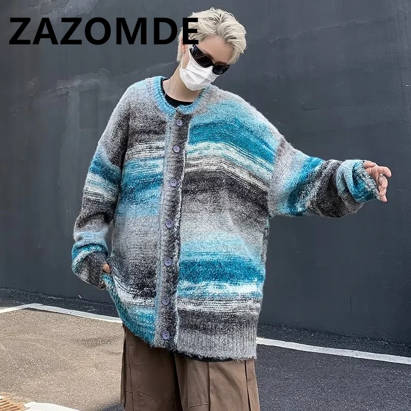 Top Trends: ZAZOMDE Winter Punk Knitted Sweaters Men Stripe Designer Oversized Harajuku Streetwear Sweaters Fall Hip Hop Cardigan Jumper Top Shoppable Styles