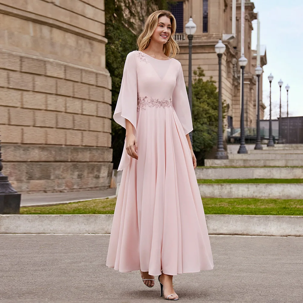 Top Trends: Moden Pink Mother Of The Bride Dresses Jewel Neck 3 / 4 Sleeves Appliques A-Line Ankle-Length Chiffon Wedding Party Gowns 2023 Shoppable Styles