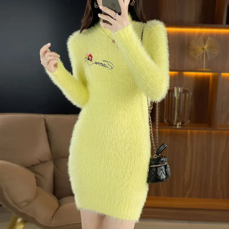 Top Trends: Imitation Mink Fleece Autumn Winter New Plush Slim Sweater Dress Solid Half High Neck Mid Length Embroidered Knit Bottom Dresses Shoppable Styles